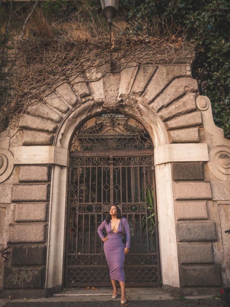 rome alleway, purple dress