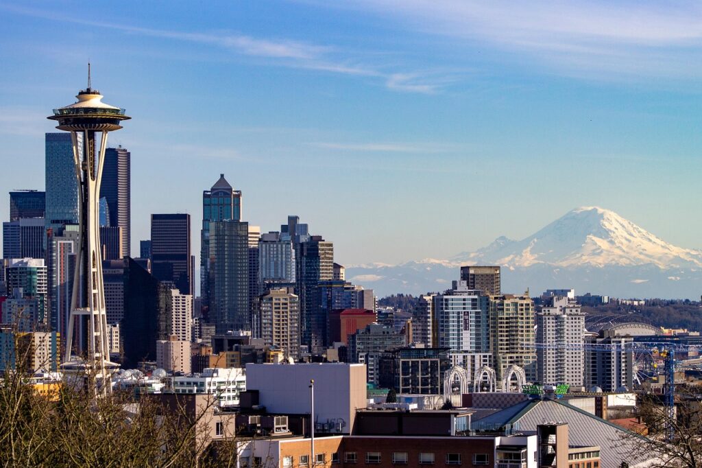 seattle, space needle, skyline, skyscrapers, washington, landmark, cityscape, downtown, mountain, mount rainier, nature, rainier, urban, architecture, tower, seattle, seattle, seattle, seattle, seattle